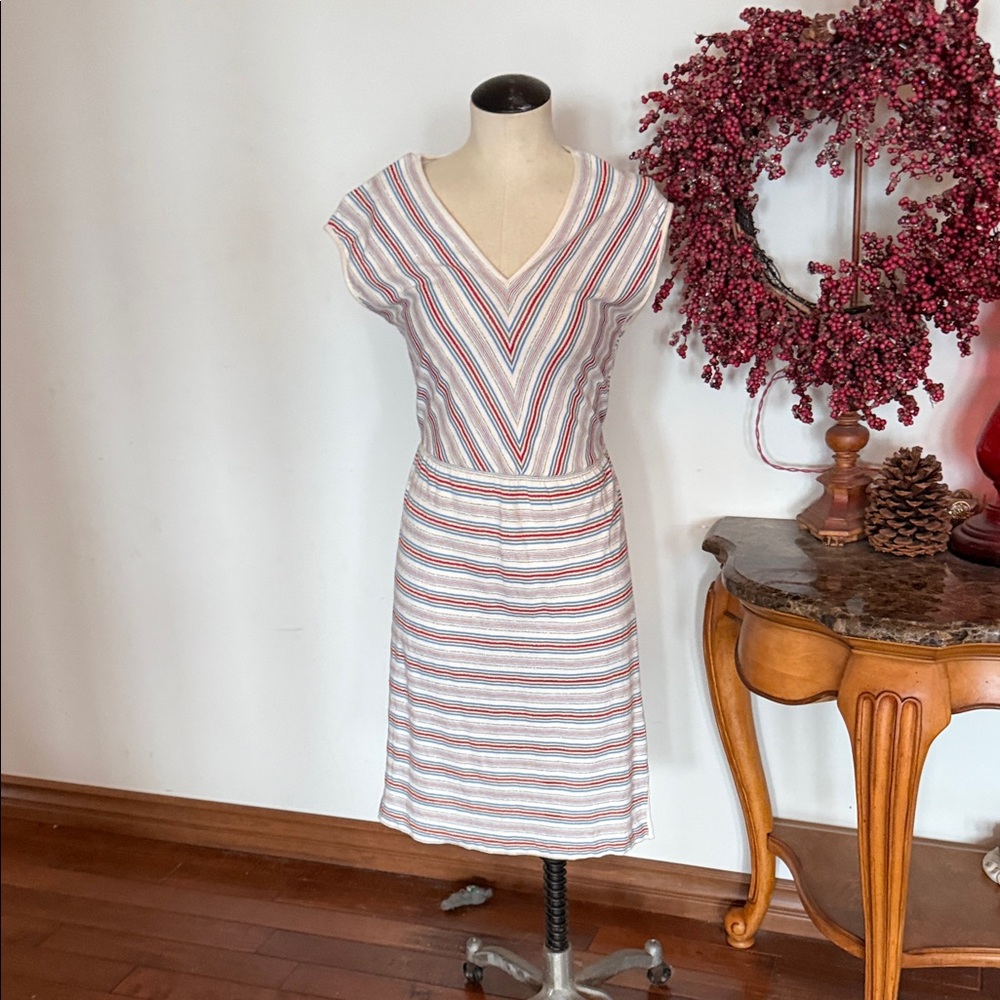 Vintage Small Striped V-Neck Short Sleeve Dress in Ivory with Red & Blue Accents
